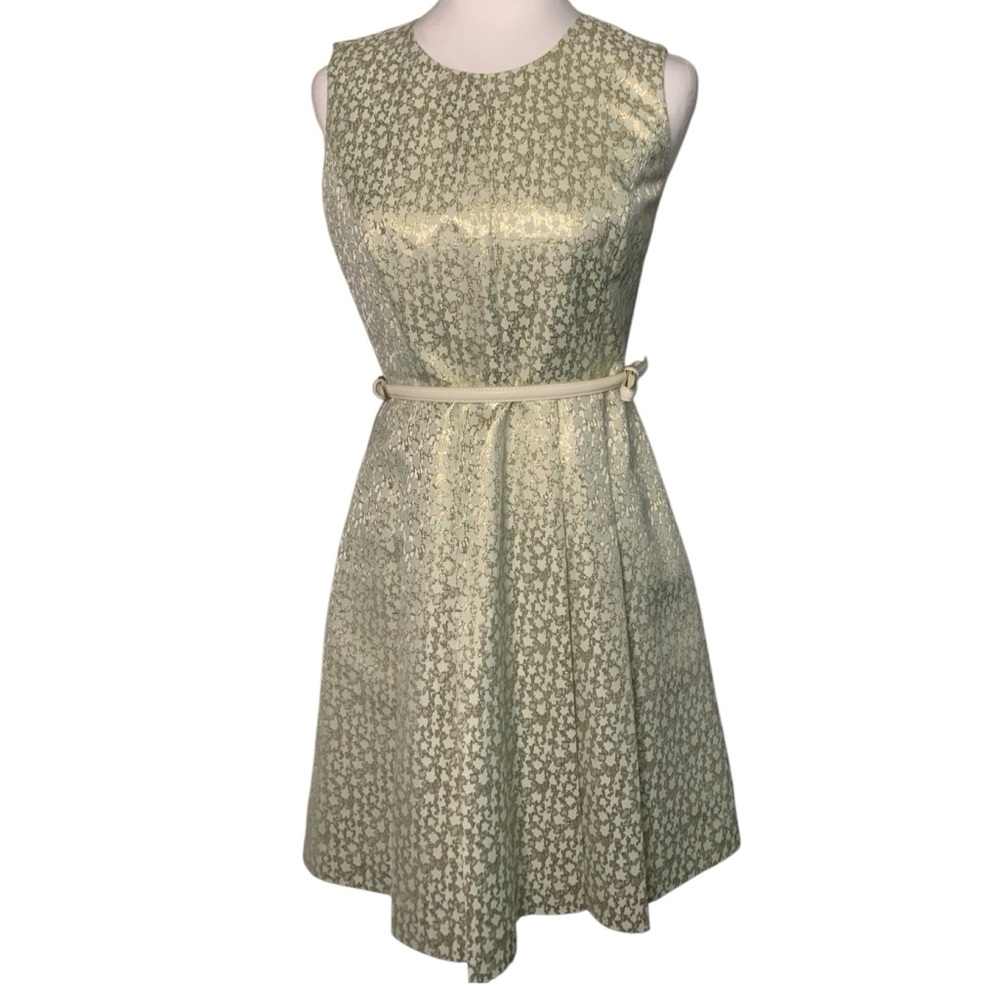 Miss Wu Size 2 Marled Jacquard Gold/Light Green Sleeveless Belted Cocktail Dress